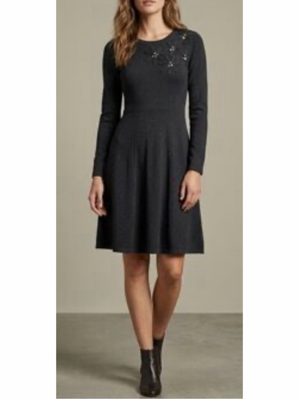 Eliza J Long Sleeve Embellished Fit-and-Flare Dress Grey